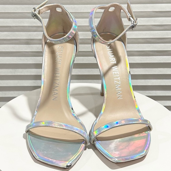 🌹STUART WEITZMAN🌹Nudistcurve Ankle Strap Sandal In Iridescent Silver Size: 8 - Picture 5 of 14